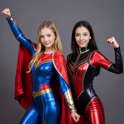 Two women in Captain Marvel costumes