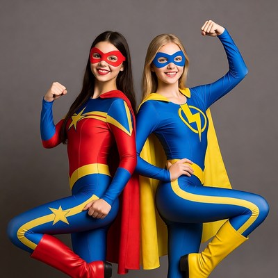 Two women in superhero costumes posing