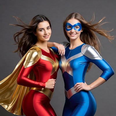 Two women in superhero costumes
