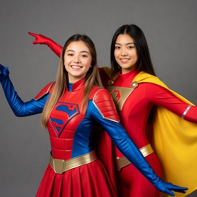 Two Asian women in Supergirl costumes