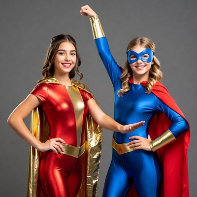 Two girls in superhero costumes posing