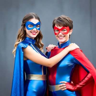 Two women in blue and red superhero costumes
