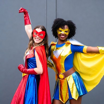 Two women in superhero costumes posing