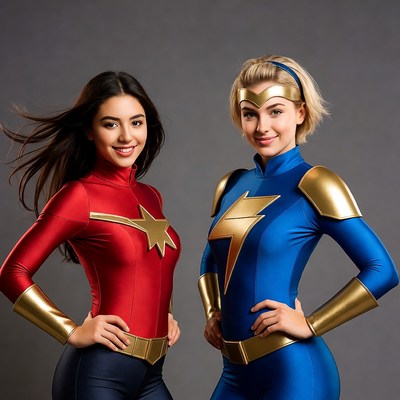 Two women in Captain Marvel costumes