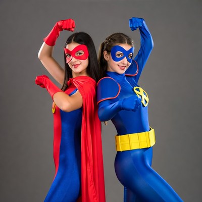 Two girls in red and blue superhero costumes