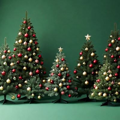 Five Decorated Christmas Trees on Green Background