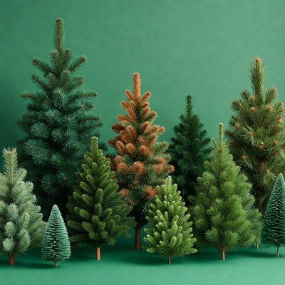 Assortment of Christmas Trees on Green Background