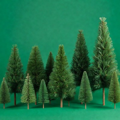 Assortment of green Christmas trees on green background