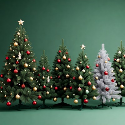 Five Decorated Christmas Trees on Green Background