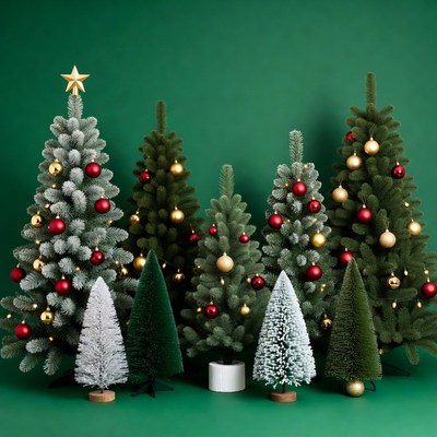 Assorted Christmas Trees on Green Background