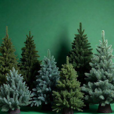 Assorted Christmas Trees on Green Background