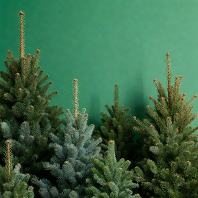 Small Christmas trees on green background