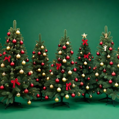 Five Decorated Christmas Trees on Green Background