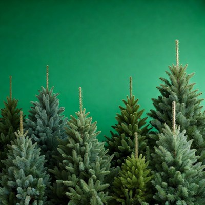 Small Christmas trees on green background
