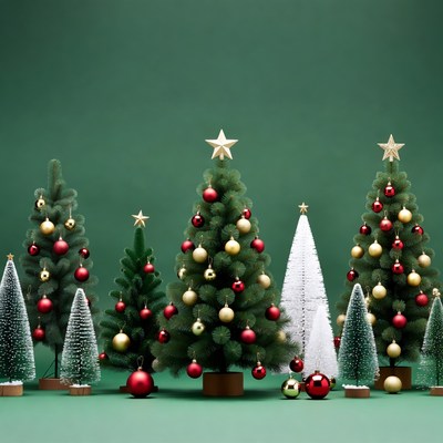 Assorted Christmas Trees on Green Background
