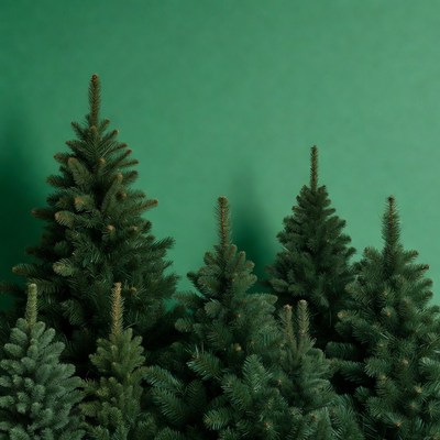 Small Christmas trees on green background