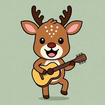 Cute cartoon reindeer playing guitar
