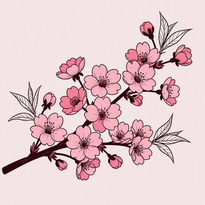 Pink Cherry Blossom Branch Illustration