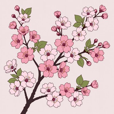 Pink Cherry Blossom Branch Illustration