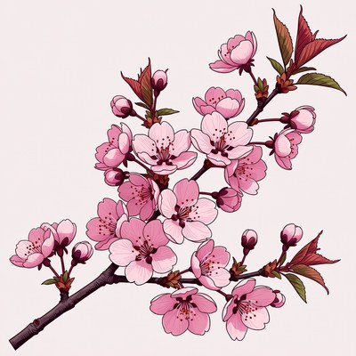 Pink Cherry Blossom Branch Illustration