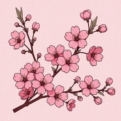 Pink Cherry Blossom Branch Illustration