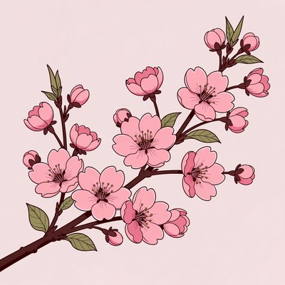 Pink Cherry Blossom Branch Illustration