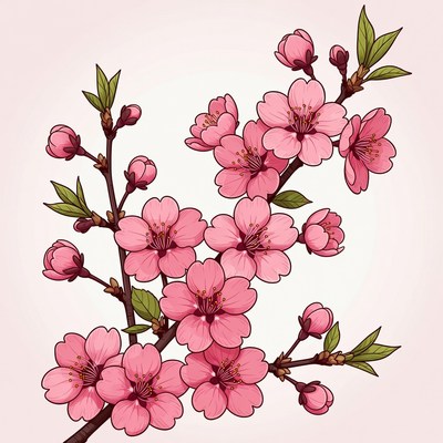 Pink Cherry Blossom Branch Illustration