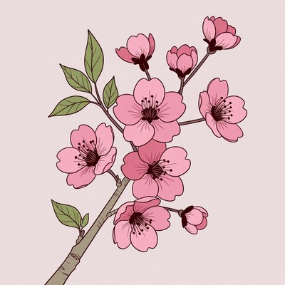 Pink Cherry Blossom Branch Illustration