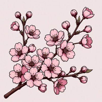 Pink Cherry Blossom Branch Illustration