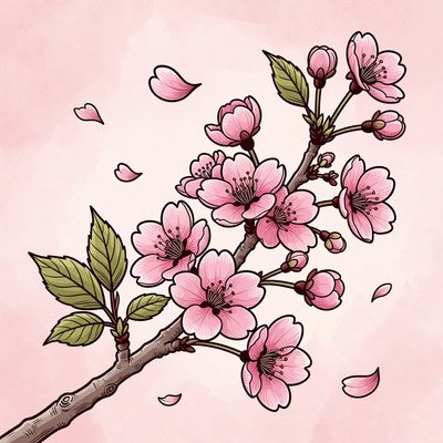 Pink Cherry Blossom Branch Illustration