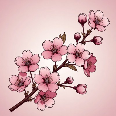 Pink Cherry Blossom Branch Illustration