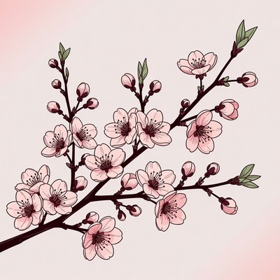 Pink Cherry Blossom Branch Illustration