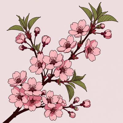 Pink Cherry Blossom Branch Illustration