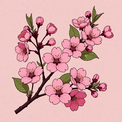 Pink Cherry Blossom Branch Illustration