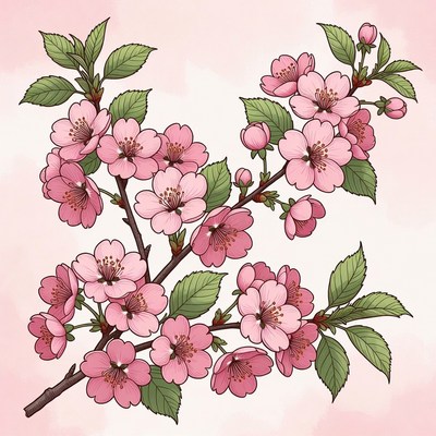 Pink Cherry Blossom Branch Illustration