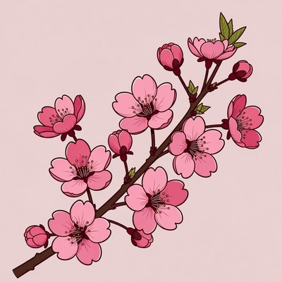 Pink Cherry Blossom Branch Illustration