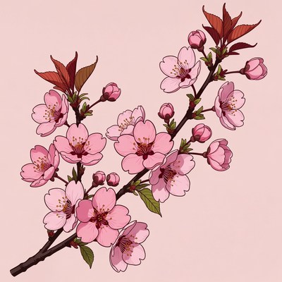 Pink Cherry Blossom Branch Illustration