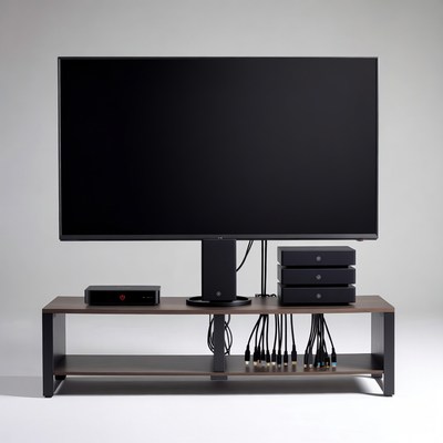 Large TV on Wooden Stand with AV Equipment