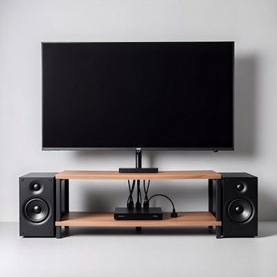TV on Wooden TV Stand with Speakers