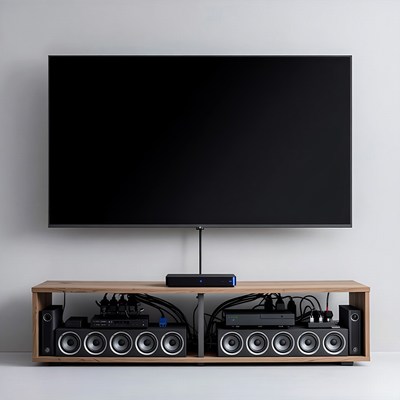 Modern TV with soundbar on wooden stand