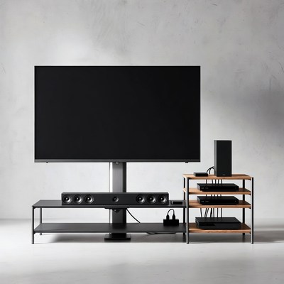 Modern TV soundbar setup on rack