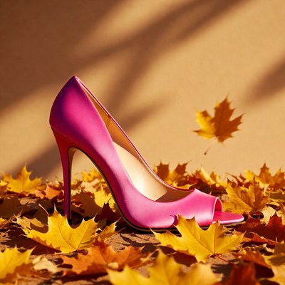 Pink High Heel on Autumn Leaves