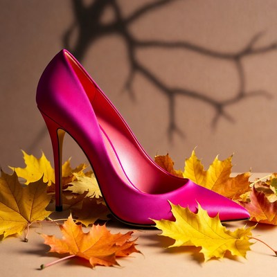 Pink High Heel on Autumn Leaves