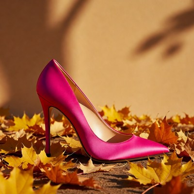 Pink High Heel on Autumn Leaves