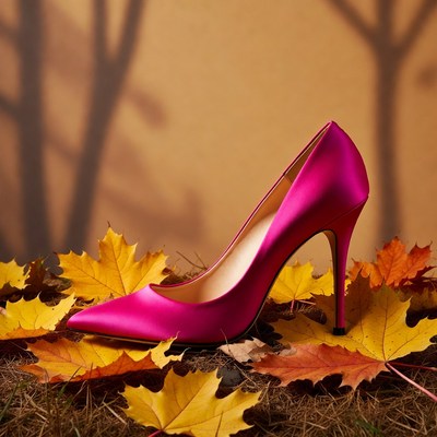 Pink High Heel on Autumn Leaves