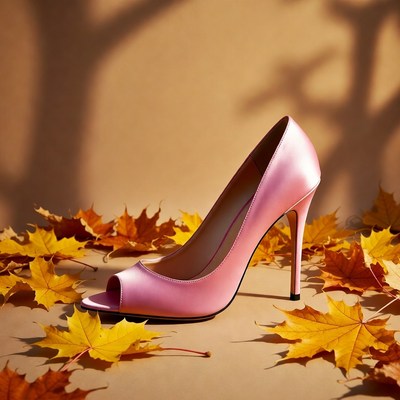 Pink High Heel on Autumn Leaves