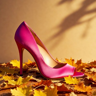 Pink High Heel on Autumn Leaves