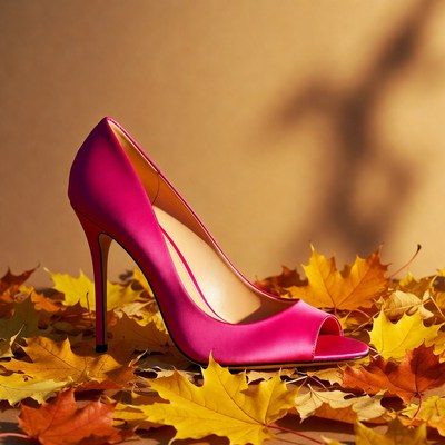 Pink High Heel on Autumn Leaves