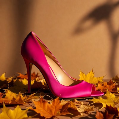 Pink High Heel on Autumn Leaves