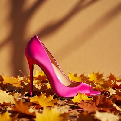 Pink High Heel on Autumn Leaves